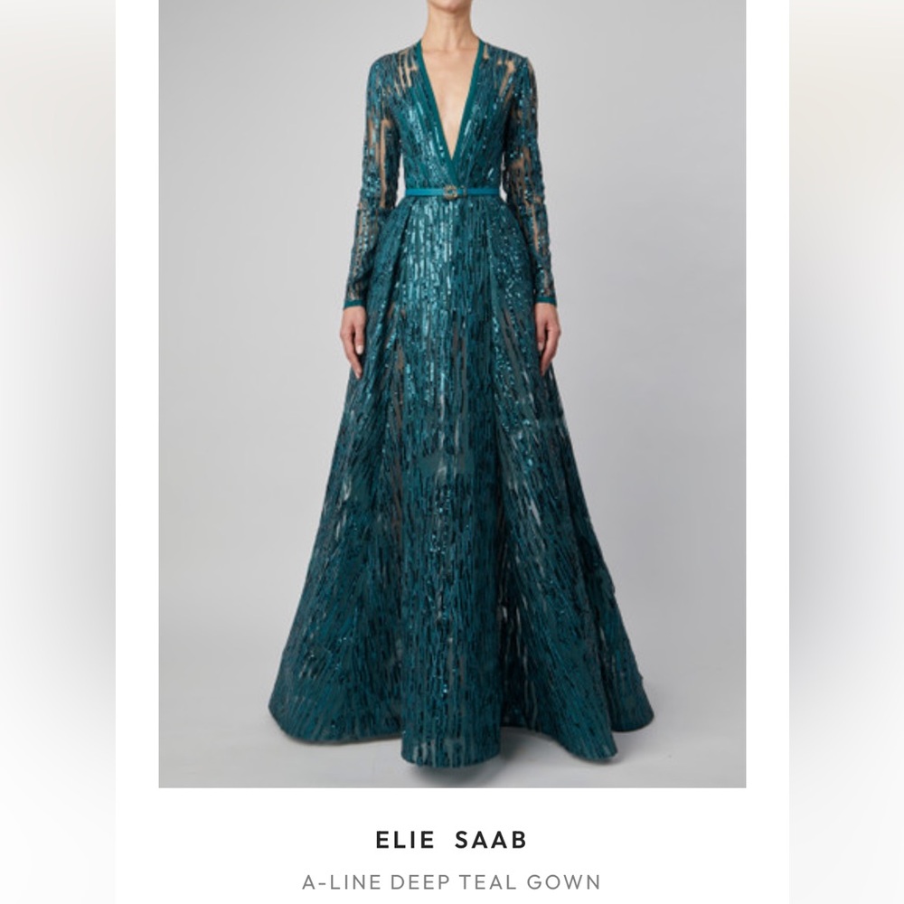 Elie Saab Elegant A-Line Emerald Teal Evening Gown